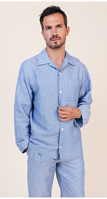 mens blue linen striped pyjamas