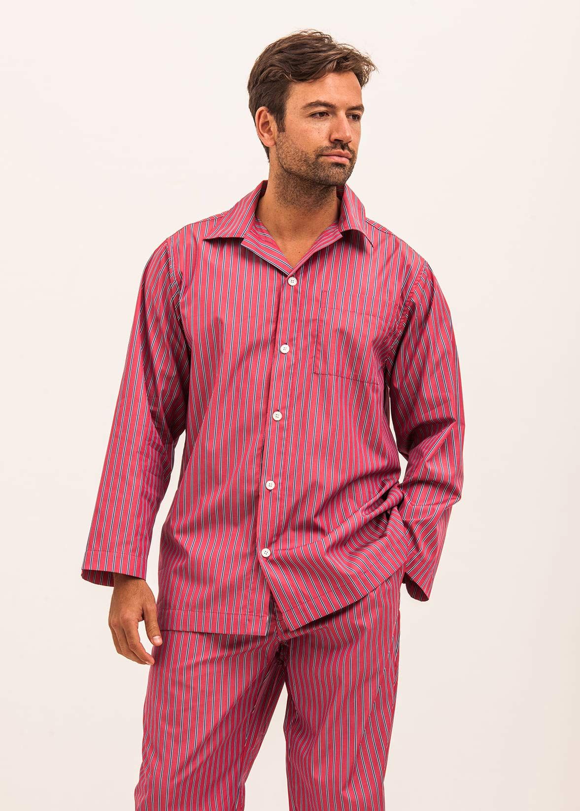 Men's Two Fold Cotton Pyjamas | Red Stripe | Traditional PJs | PJ Pan