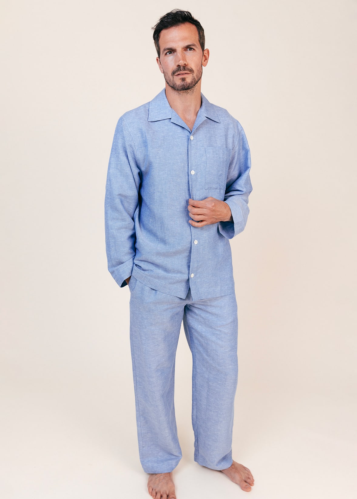 Men's Linen & Cotton Blend Pyjamas, Plain Blue, Made in UK